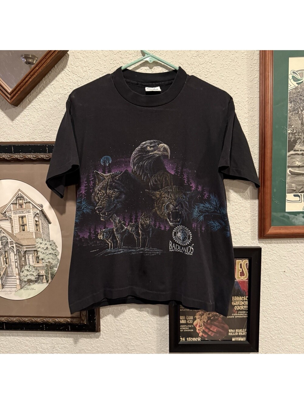 Vintage 90s RARE San Segal AOP Black Men’s Nature Wolf Shirt Size Medium